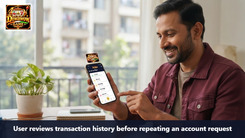 User reviews transaction history before repeating an account request